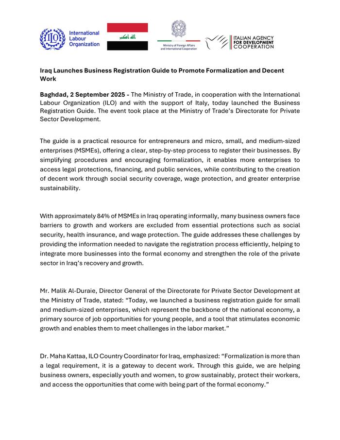 Iraqi Business Instructions to Promote [EN / AR / Art] Formalization and proper ...